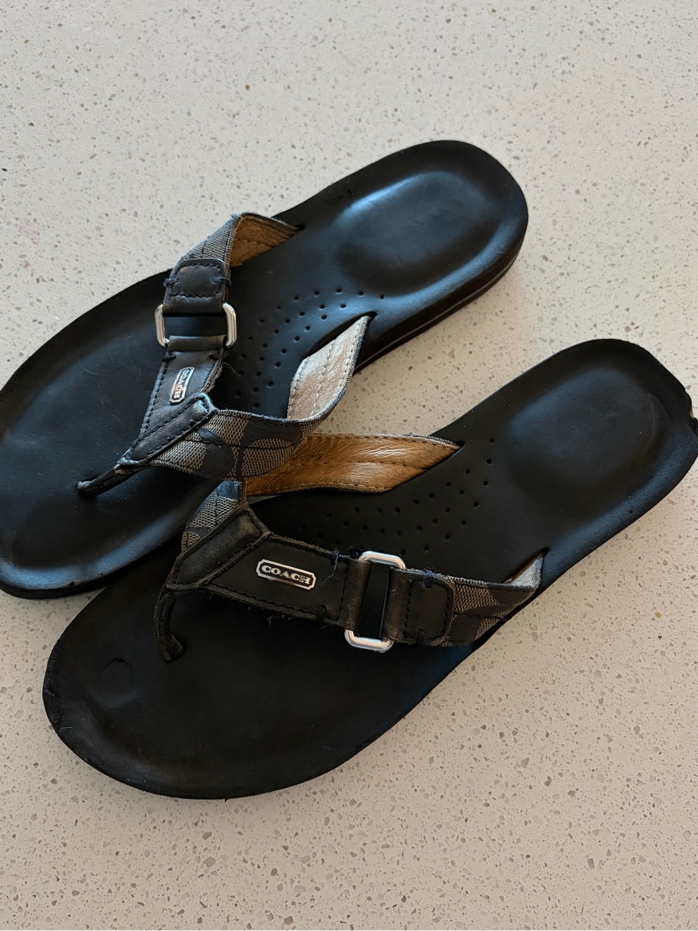 Coach Black and Brown Signature Monogram Flip Flops